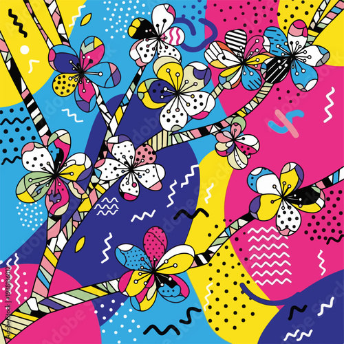鮮やかな色の花々とグラフィックデザインが組み合わさったアートワーク。現代的な装飾やクールなスタイルに適したビジュアル