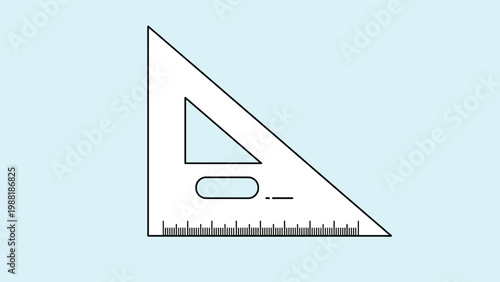 White triangle ruler with measurement scale used for geometry, drafting, and technical drawing on a light blue background.