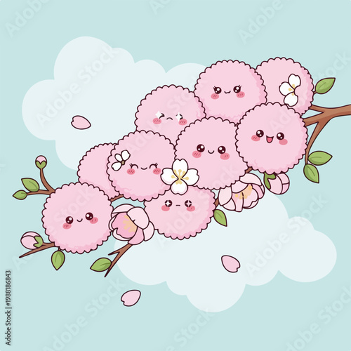 可愛い花の枝に咲くピンクの丸いキャラクターたちが笑顔で楽しんでいる。春の訪れを感じる可愛らしいデザインで、季節のテーマや楽しさを表現している