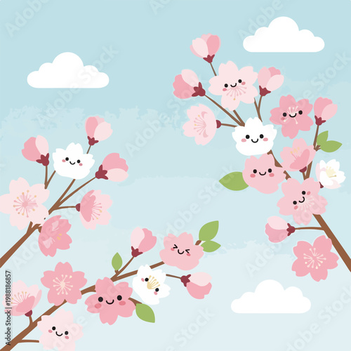 桜の花が咲いている可愛らしいイラスト。空に雲が浮かんでおり、春の雰囲気を表現している。春の季節やフラワーデザインのコンセプトに有用