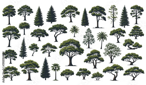 Assorted forest tree silhouettes pack with clipping path botanical vector collection isolated on white background
