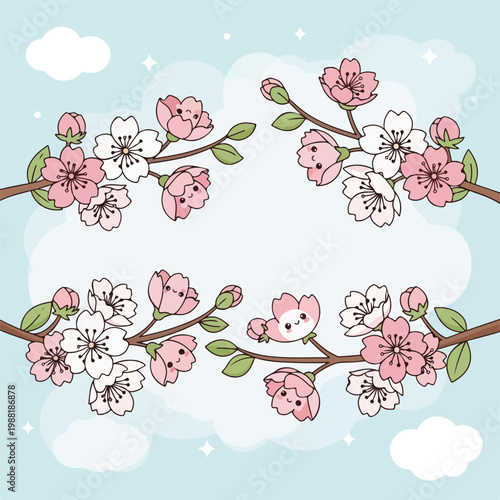 桜の花が空に咲いている。春の訪れや自然の美しさを表現したイラスト。お祝いのカードやデザインプロジェクトに役立つ