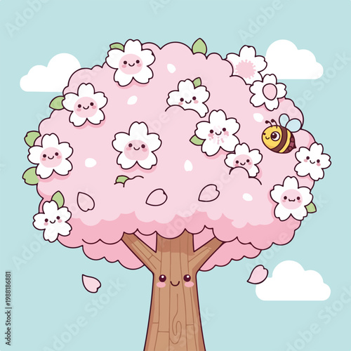 桜の木にかわいい花と微笑む顔が描かれている。蜂が周りを飛び回り、春の幸せな雰囲気を演出している。春のビジュアルや子供向けのデザインにぴったり