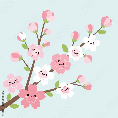 ピンクの桜の花が咲いている枝が描かれている。このイラストは春の訪れや自然の美しさを表現している。インテリアデザインや季節のイベントに役立つ