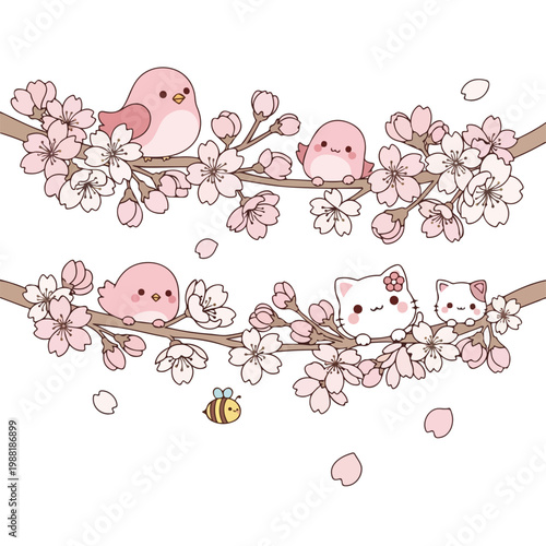 桜の花の枝に小さな鳥と猫が集まっている。春の訪れを楽しむ可愛らしい景色で、癒しや穏やかさを伝えるデザイン