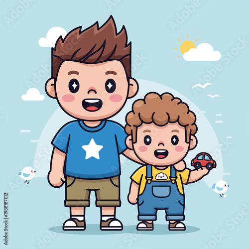 お兄さんと弟が一緒に笑顔で立っている。弟は赤い車のおもちゃを持っていて、楽しそうな雰囲気を醸し出している。家族や友情の絆を表現するイラスト