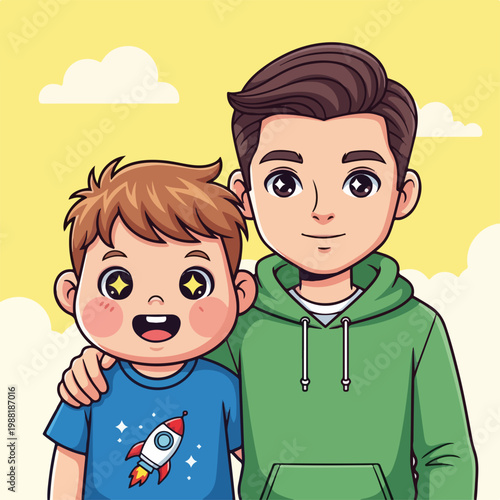 男性と少年が仲良く並んで笑っている。親子の絆、友情、または家族の大切さを表現するシーン。子供向けの確認や教育内容に適している