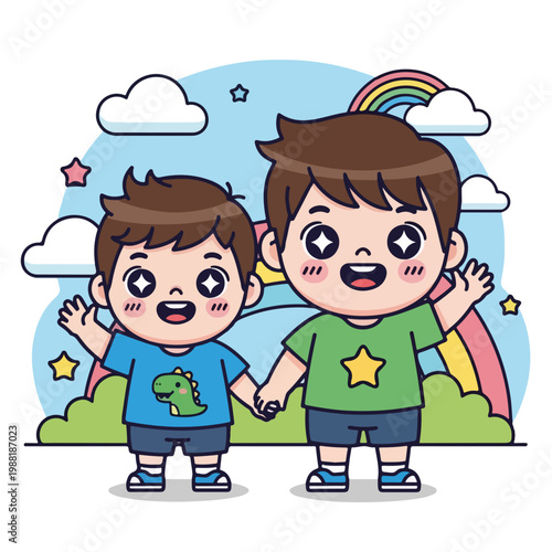 兄弟が手をつないで笑顔で立っている。カラフルな背景には虹と雲が描かれていて、楽しさや友情を表現している。子供たちの楽しい瞬間を捉えたイラスト