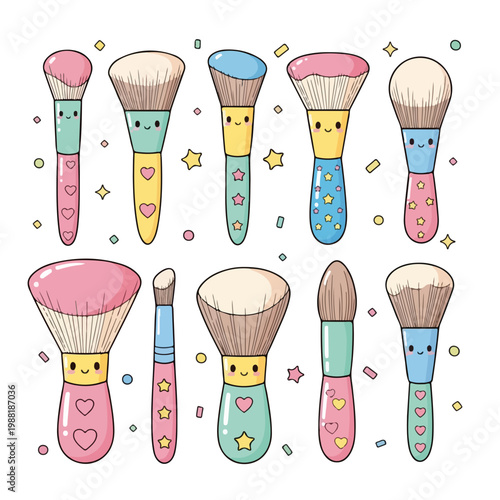可愛らしい化粧ブラシが楽しく並んでいる。色とりどりのデザインがあり、楽しい雰囲気を醸し出している。ビジュアルデザインやメイクアップ関連のテーマに適している