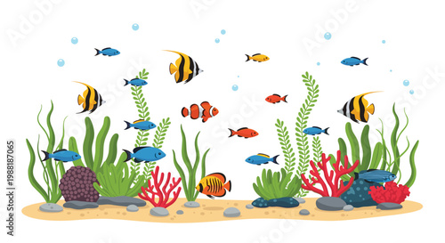 A vibrant underwater scene features a diverse array of colorful tropical fish swimming gracefully through lush green seaweed and bright red coral reef structures.