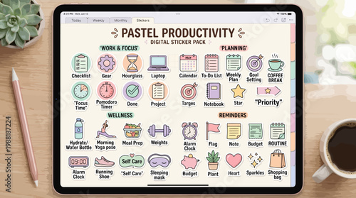 Pastel productivity icons on tablet screen.