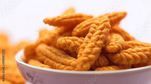 Golden orange crunchy snack piled high in a white bowl on a clean background