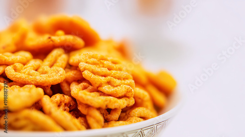 Golden orange curl snack piled high in a white bowl on a clean background