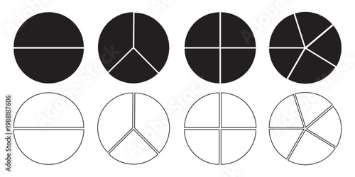 Monochrome Pie Chart Icon Set in black and white. Ideal for business analytics, statistics, reports, dashboards, and infographic design.