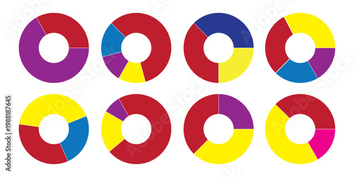 A vibrant set of colorful donut charts. This modern data visualization collection is perfect for business analytics, statistics presentation, UI design, dashboards, reports, and web applications.