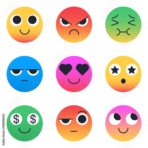 9 Colorful Cartoon Circular Emojis vector illustration set