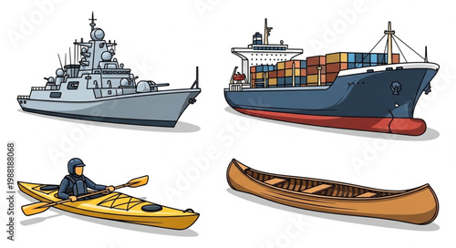 Collection of four different types of watercraft including a warship cargo ship kayak and canoe.