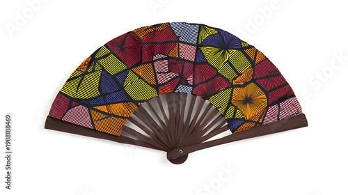 Colorful folding hand fan with geometric patterned fabric on white background