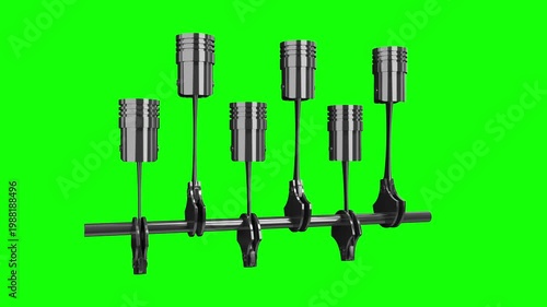 Car Engine with Six Cylinders and Rotating Crankshaft on Green Background - 3d 4k animation (3840 x 2160 px)