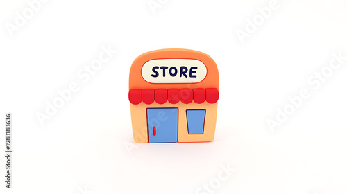 Colorful 3d illustration of a small store with orange body red awning and blue door and window on white background