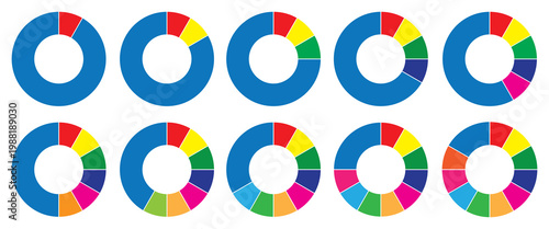 A vibrant set of colorful donut charts. This modern data visualization collection is perfect for business analytics, statistics presentation, UI design, dashboards, reports, and web applications.