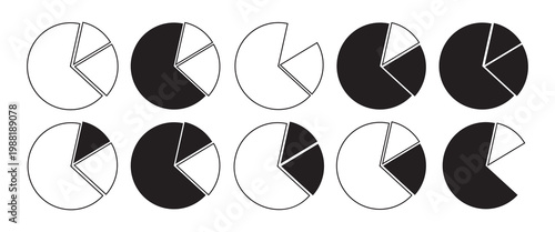 Monochrome Pie Chart Icon Set in black and white. Ideal for business analytics, statistics, reports, dashboards, and infographic design.