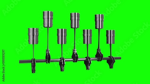 Car Engine with Seven Cylinders and Rotating Crankshaft on Green Background - 3d 4k animation (3840 x 2160 px)