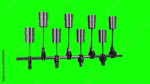 Car Engine with Eight Cylinders and Rotating Crankshaft on Green Background - 3d 4k animation (3840 x 2160 px)