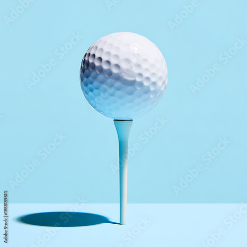 A white golf ball with dimples sits on a light blue tee against a matching background