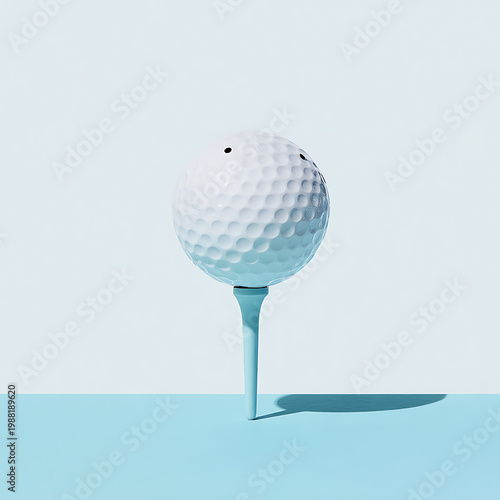 A white golf ball with dimples sits on a light blue tee against a pastel background