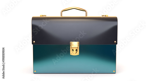 Glossy 3d illustration of a dark teal briefcase with gold accents and handle on white background for business or office use