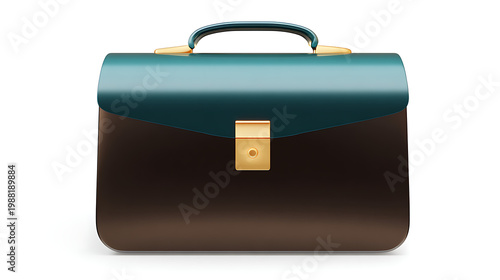 Glossy 3d illustration of a dark brown and teal briefcase with gold accents and handle on white background