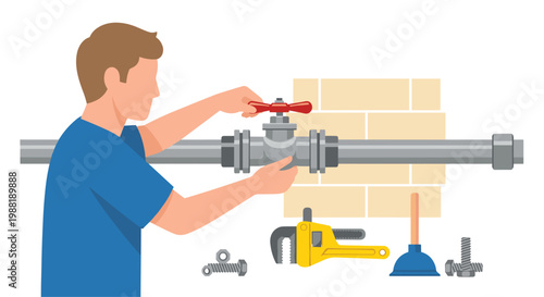 A professional plumber wearing a blue shirt carefully adjusts a bright red circular valve on a horizontal grey metal pipe against a light beige brick wall.