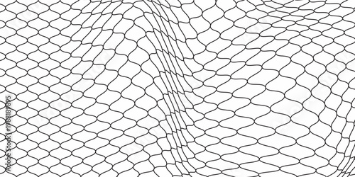 Fishing or soccer net. Repeated hexagon pattern. Black wired mesh texture isolated on white background. Metallic or fabric fence, cage or lattice structure. Vector graphic Illustration.