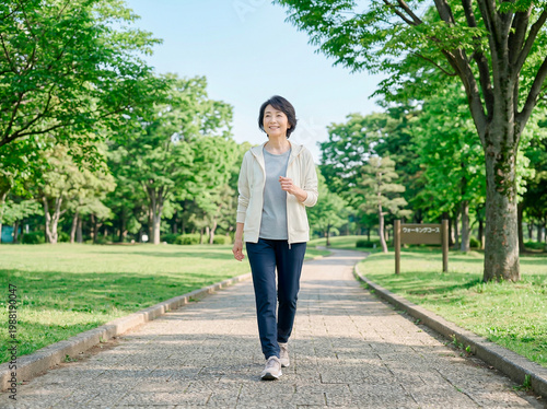 新緑の公園を笑顔でウォーキングするシニア女.