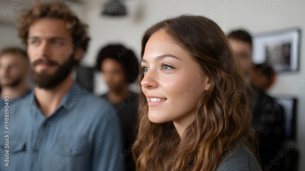 Obraz premium A confident young woman in the foreground is featured in a professional group setting suggesting collabo n and positive workplace communication