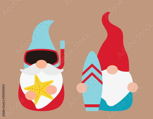 Set of funny summer gnome vector illustration. 
Summer Beach gnome holding surfboard and starfish.
