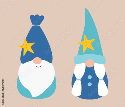 Set of funny summer gnome vector illustration. 
Summer Beach gnome with starfish.