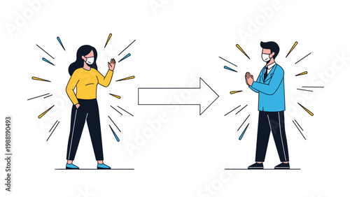 Man and woman wearing face masks and greeting each other from a distance with a large arrow pointing between them.