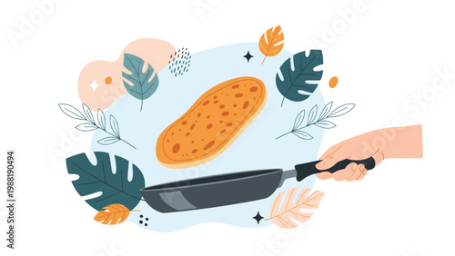 Hand tossing delicious flatbread or pancake in frying pan with stylized tropical leaves and abstract shapes in background.