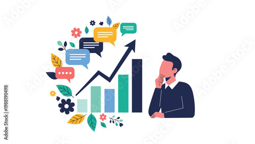 Thoughtful businessman contemplating success with upward growing bar chart surrounded by speech bubbles and floral elements.