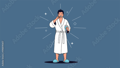 Man wearing white bathrobe brushing his teeth and holding a cup of coffee during his healthy morning routine at home.