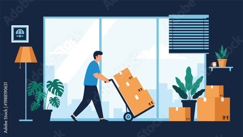 Man pushing a hand truck loaded with cardboard boxes inside a modern apartment for moving and relocation concept.