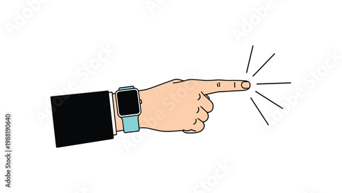 Simple illustration of a hand wearing a teal smartwatch pointing toward a bright burst of light for direction and goal.
