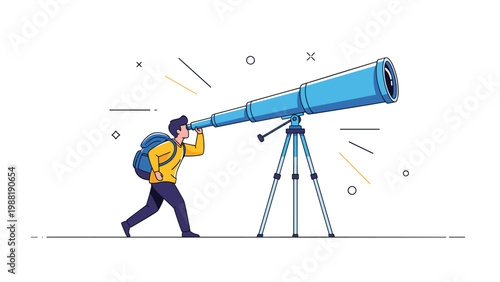 Ambitious man looking through a giant telescope on a tripod at the sky for future visions and long term goals concept.