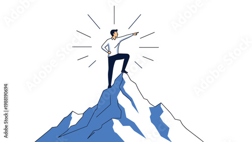 Successful businessman standing on top of a mountain peak pointing towards the horizon and future achievements.
