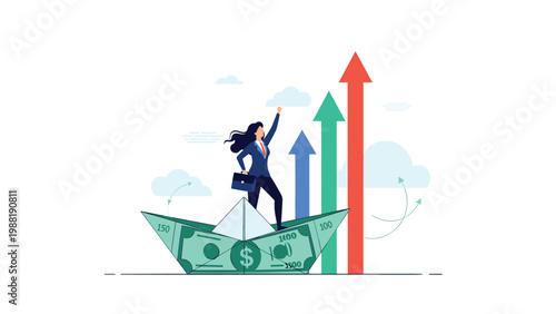 Businesswoman standing on a paper boat made of money sailing towards rising arrows representing financial growth.