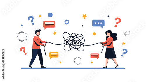 Man and woman pulling on a tangled black thread trying to solve a complex problem and find clarity together.