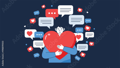 Person hugging a massive red heart surrounded by a multitude of speech bubbles and social media icons.