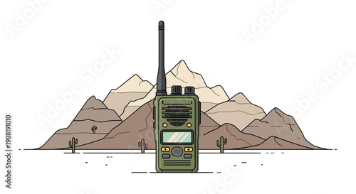 Detailed olive green tactical walkie talkie stands upright before a series of layered desert mountains and small cacti under a bright clear sky.